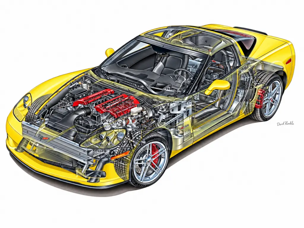 Detailed David Kimble cutaway illustration of a yellow 2006 Chevrolet Corvette Z06, revealing its front-mounted 7.0-liter LS7 V8 engine, rear-mounted transaxle, lightweight chassis structure, independent suspension, and braking components. The illustration highlights the Corvette's front-engine, rear-transaxle architecture and the engineering features contributing to its balanced weight distribution and responsive handling characteristics.
