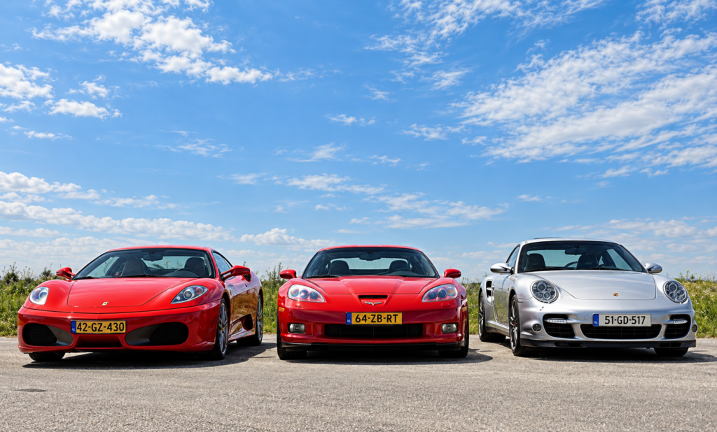 Front-facing comparison photograph featuring a red Ferrari F430, red 2006 Chevrolet Corvette Z06, and silver 2007 Porsche 911 Turbo parked side by side, illustrating the Corvette's competition against two of Europe's premier performance cars during the 2006 model year.