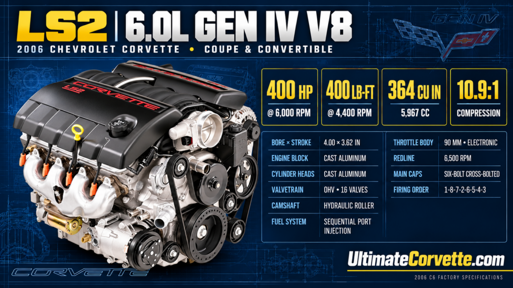 Landscape-format UltimateCorvette.com infographic highlighting the Chevrolet LS2 6.0-liter Gen IV V8 engine, with a large studio-style engine image on the left and specification panels on the right listing horsepower, torque, displacement, compression ratio, bore and stroke, redline, throttle body size, valvetrain, and other technical details against a dark blue blueprint-style background.