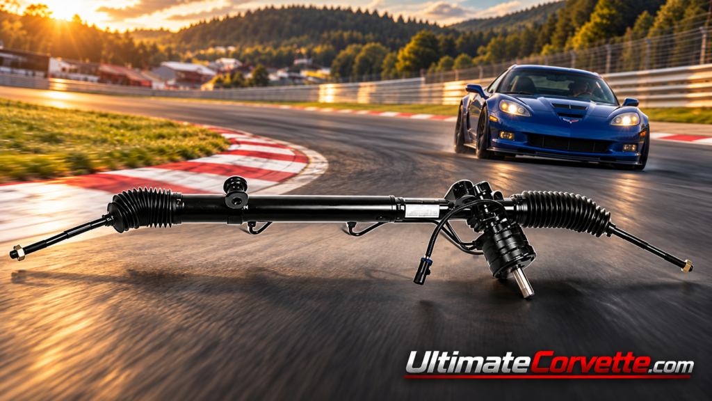 Detailed view of a power-assisted rack-and-pinion steering assembly, including its steering rack housing, protective rubber boots, tie rods, hydraulic assist components, and electrical connections. In the background, a blue 2006 Chevrolet Corvette Z06 negotiates a racetrack corner at speed, illustrating how the steering system contributes to responsive handling and driver control. UltimateCorvette.com branding appears in the lower-right corner.