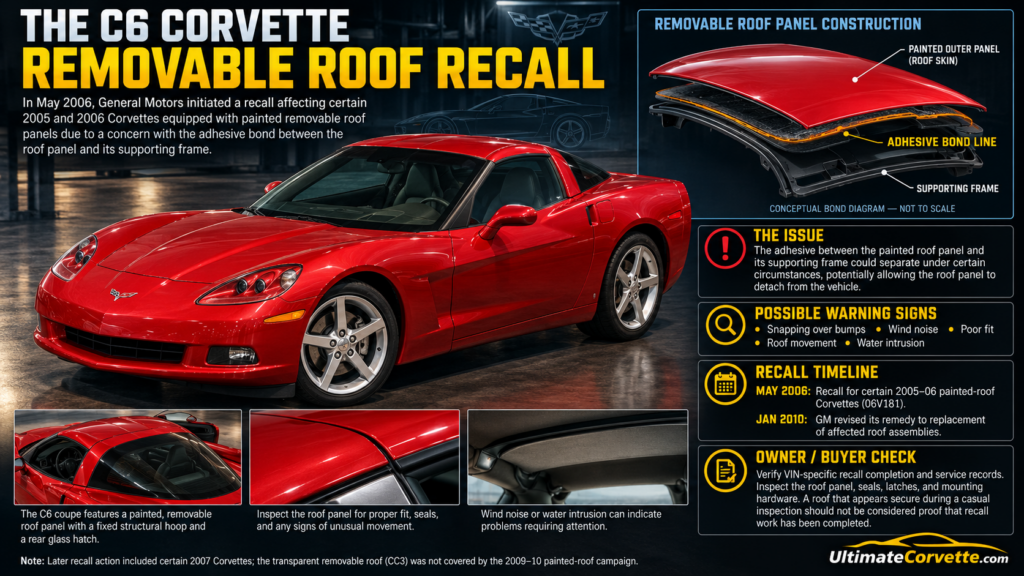 Red sixth-generation Chevrolet Corvette coupe shown in a detailed infographic explaining the removable roof panel recall. The graphic includes a conceptual illustration of the painted roof panel, adhesive bonding area, and supporting frame, along with close-up roof details, warning signs of potential separation, recall history, and recommended inspection procedures. UltimateCorvette.com branding appears in the lower-right corner.