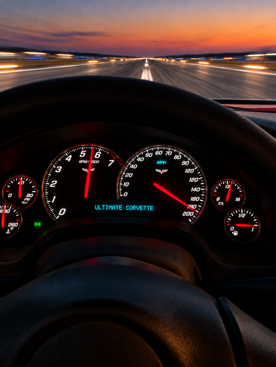 Driver’s-eye view from inside a 2006 Chevrolet Corvette C6 coupe traveling at high speed along a commercial airport runway at sunset. The illuminated instrument cluster shows the speedometer approaching 190 mph and the tachometer near 5,500 rpm, with the digital Driver Information Center displaying “ULTIMATE CORVETTE” in blue lettering. Outside the windshield, runway markings and edge lights streak into the distance with pronounced motion blur, emphasizing the Corvette’s extraordinary high-speed performance against a warm orange evening sky.