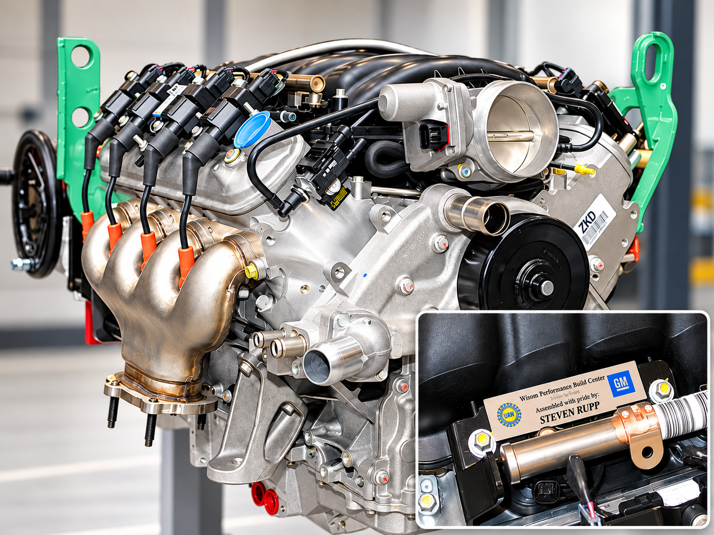 A 2006 Corvette Z06 LS7 7.0-liter V8 engine displayed at an assembly facility, featuring aluminum cylinder heads, intake manifold, ignition coils, exhaust manifolds, and front accessory components. An inset photograph highlights the Wixom Performance Build Center identification plate, bearing the name of engine builder Steven Rupp, documenting the LS7's hand-assembled construction.